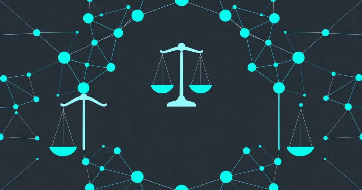 Abstract scales of justice on a network of nodes representing AI liability