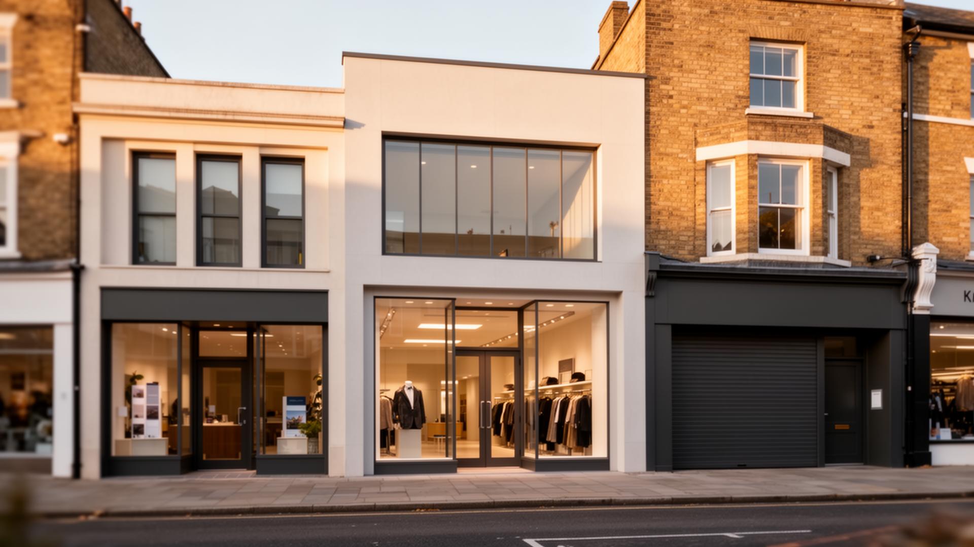 Row of UK business units including a small shop and offices representing business building insurance