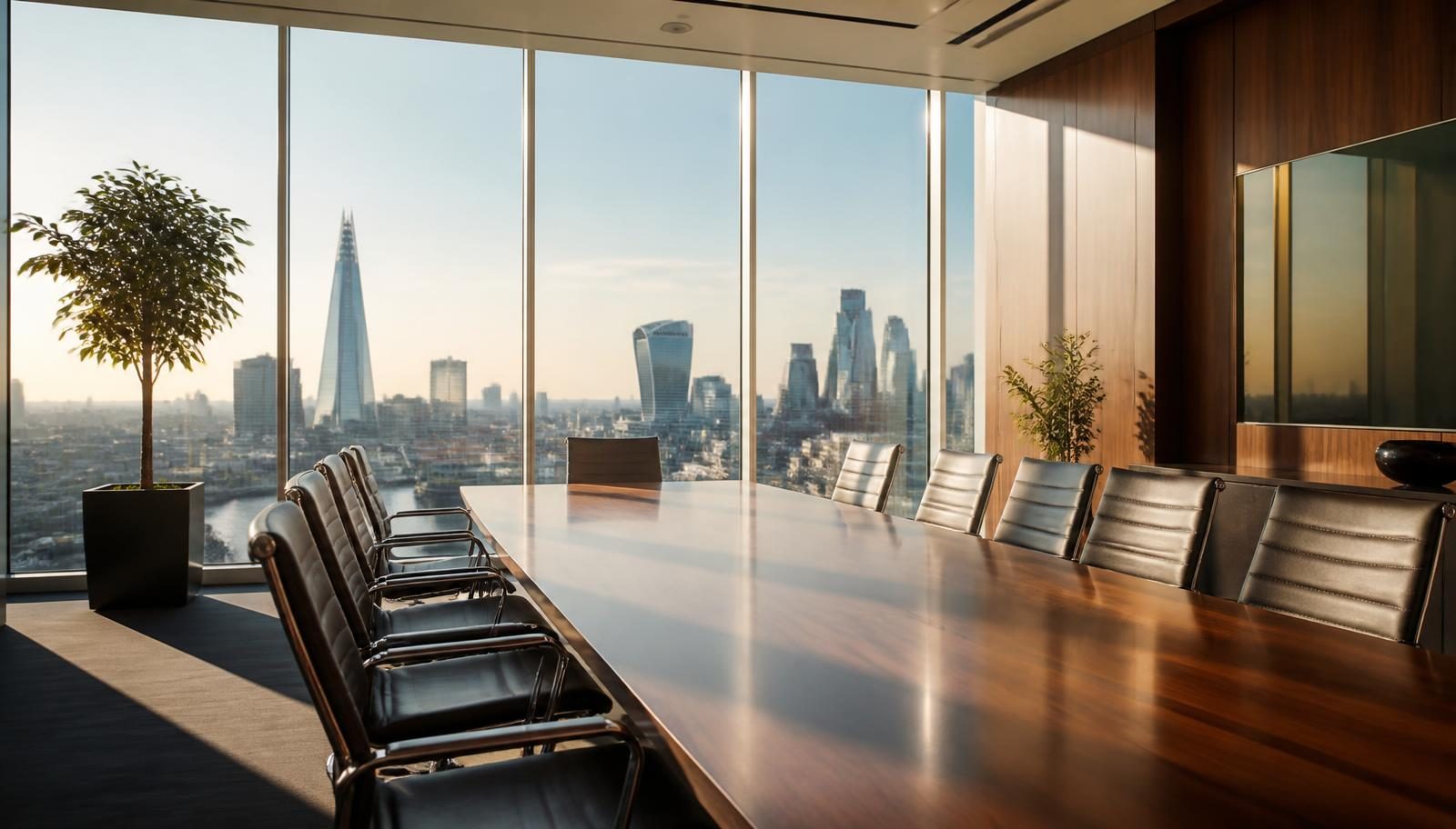 Modern London corporate boardroom with a long table and city skyline views