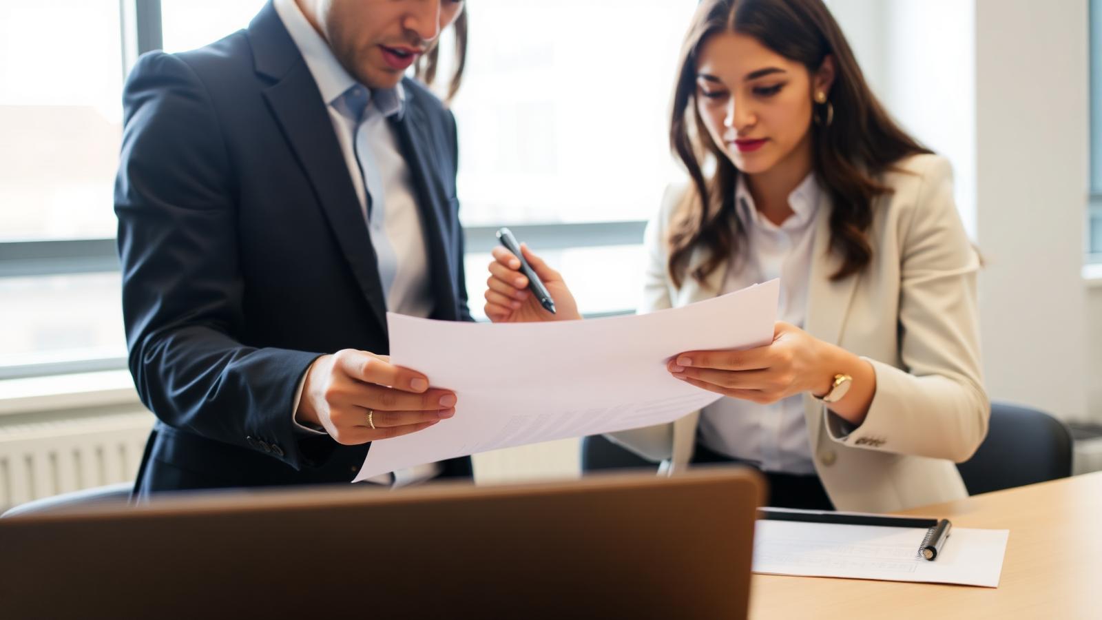 Two professionals reviewing commercial insurance documents in a UK office