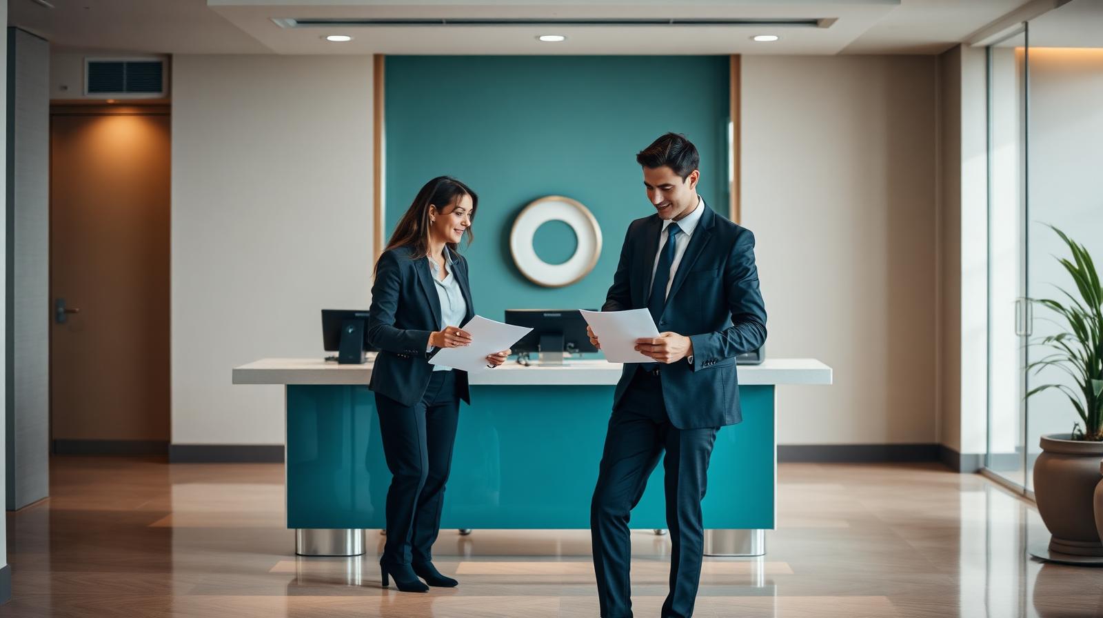 Hotel owner and operator reviewing insurance arrangements at a reception desk
