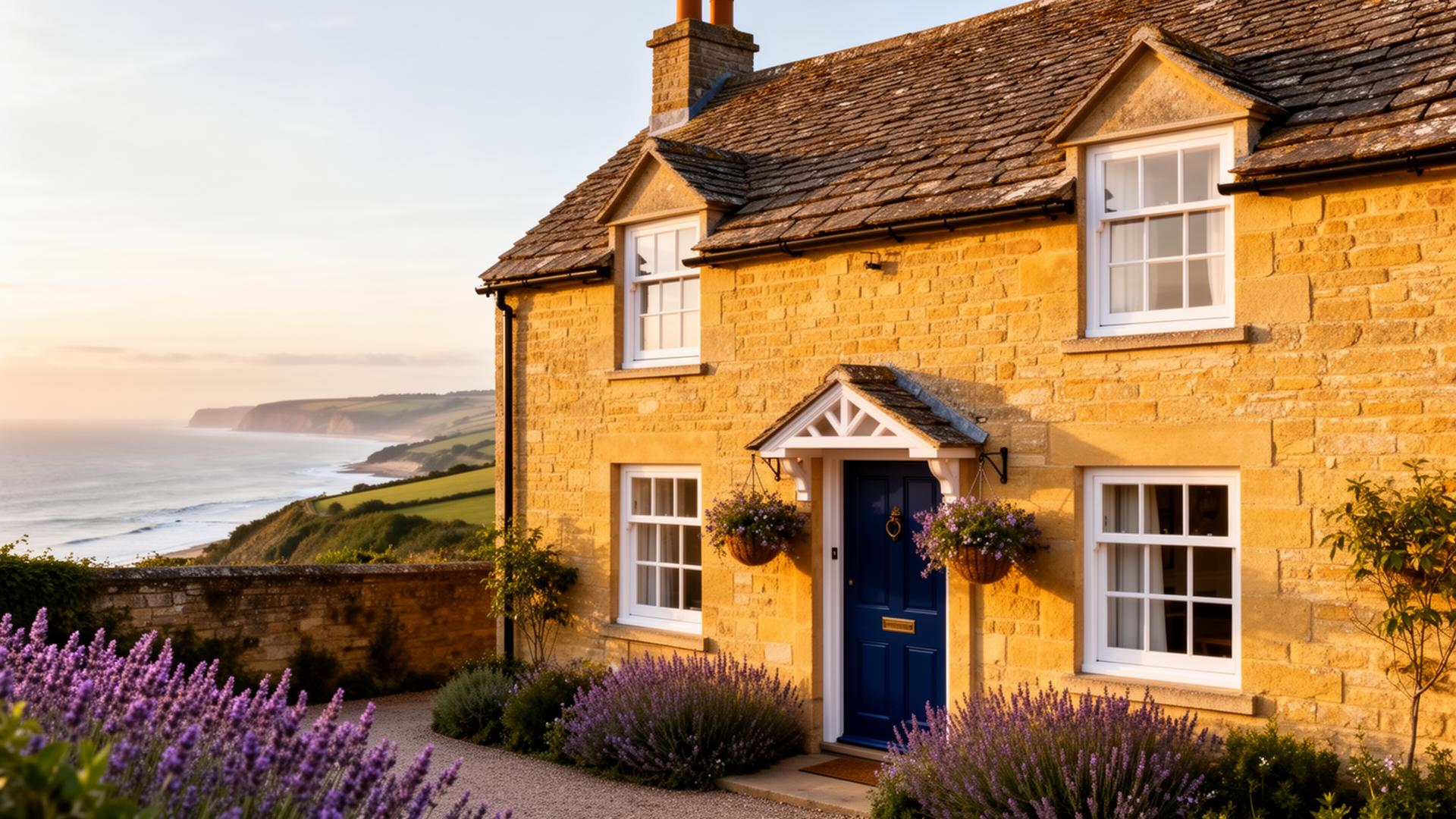 Stone-built UK coastal holiday cottage with hanging flower baskets
