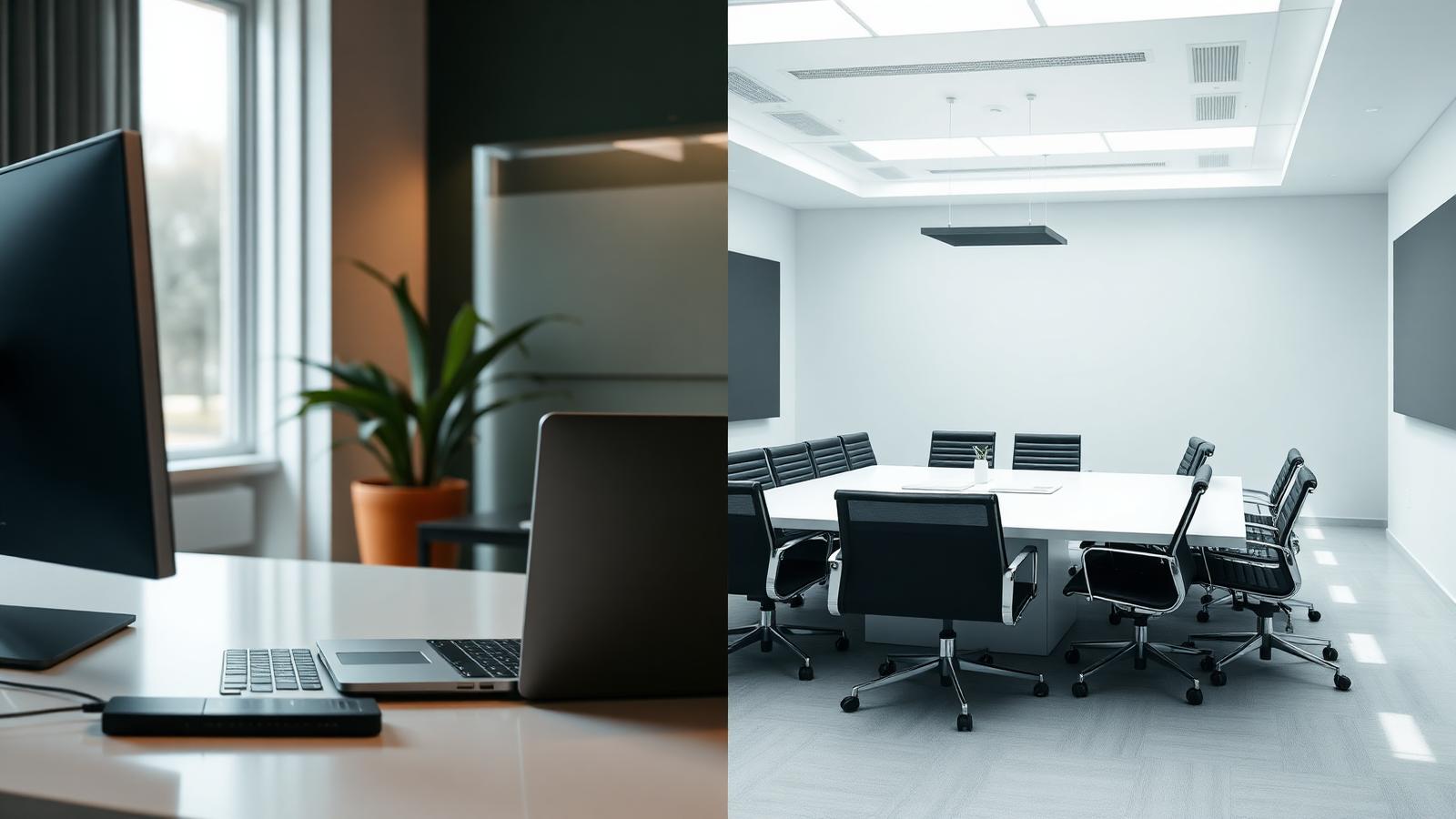 Split composition of a modern home office workspace and a bright corporate boardroom representing hybrid working
