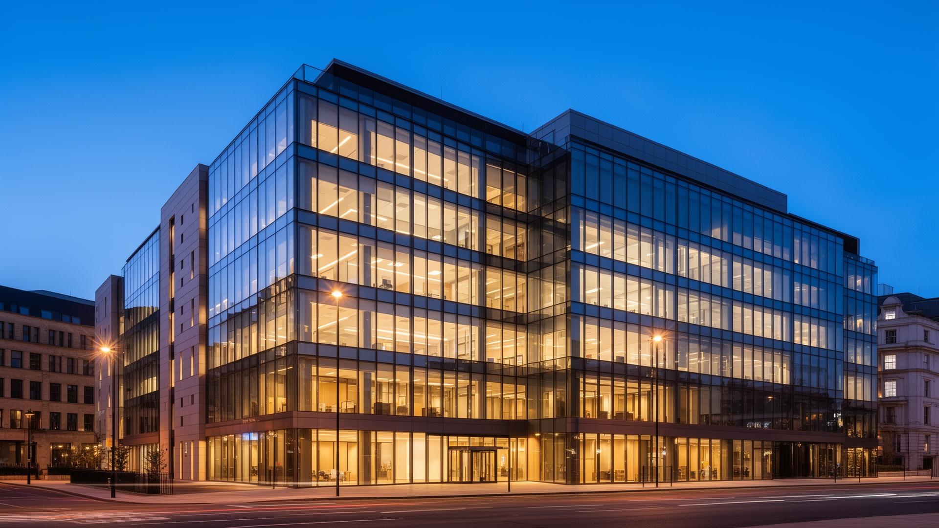 Modern UK office building at twilight representing office insurance premium factors