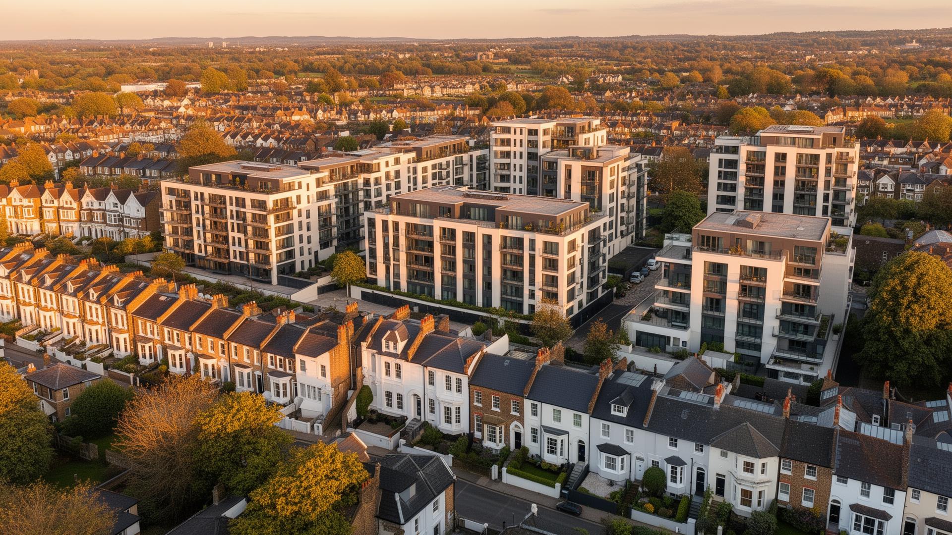 Aerial view of UK property portfolio including residential and commercial buildings