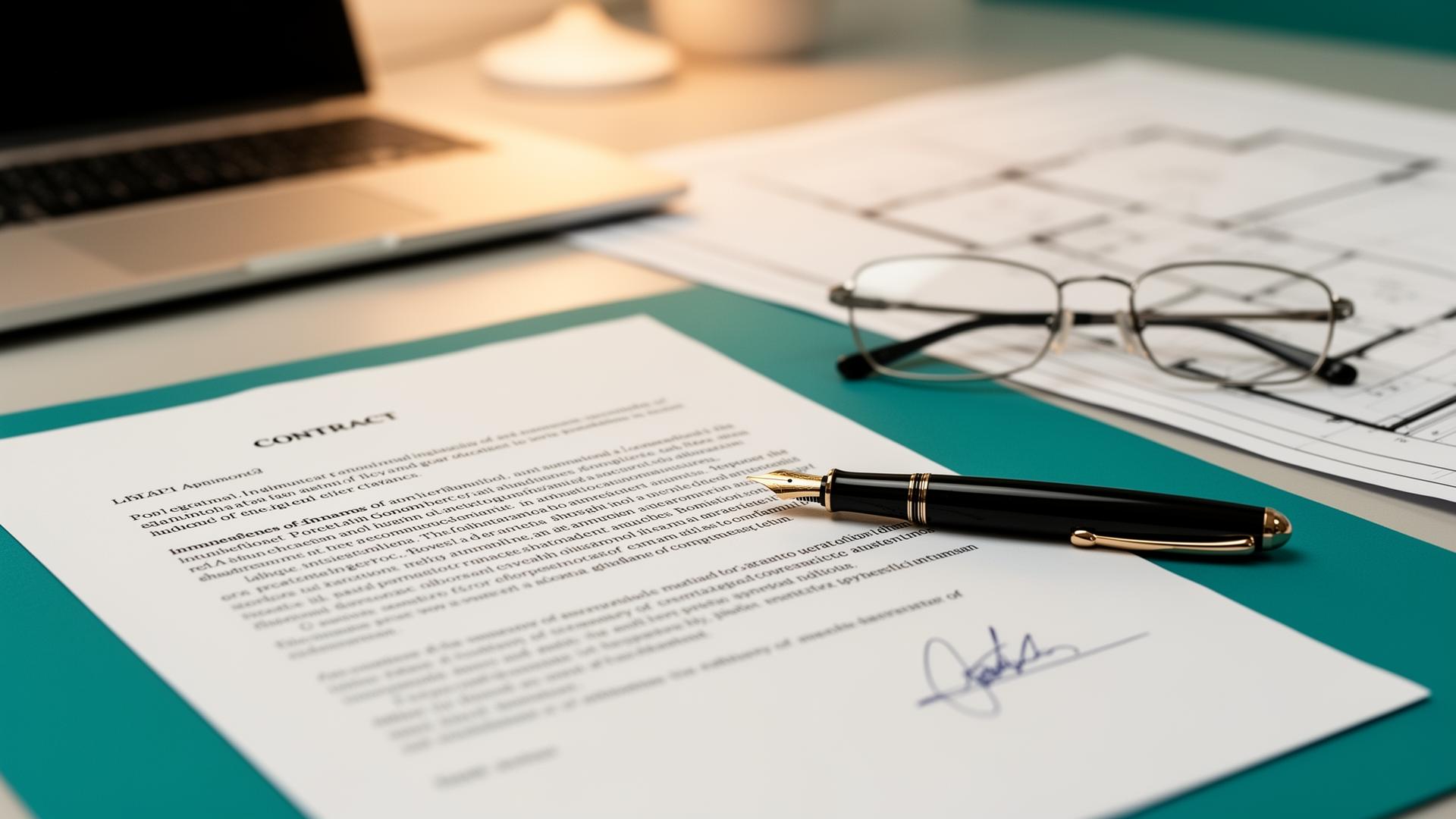 Signed professional services contract with fountain pen and reading glasses on a desk, representing professional indemnity insurance for UK businesses