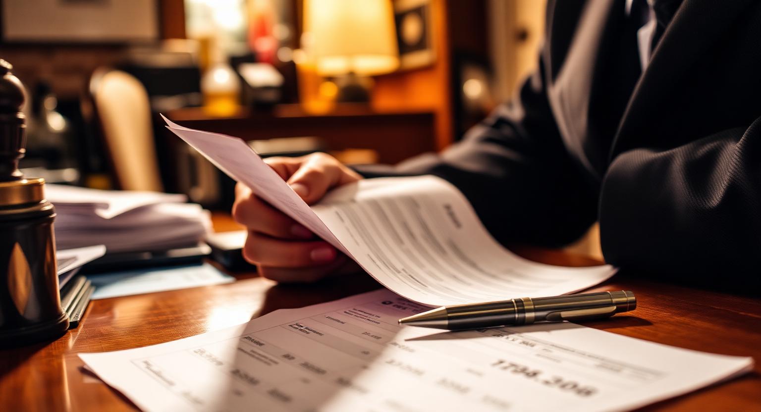 Pub landlord reviewing insurance documents at a desk in a pub office