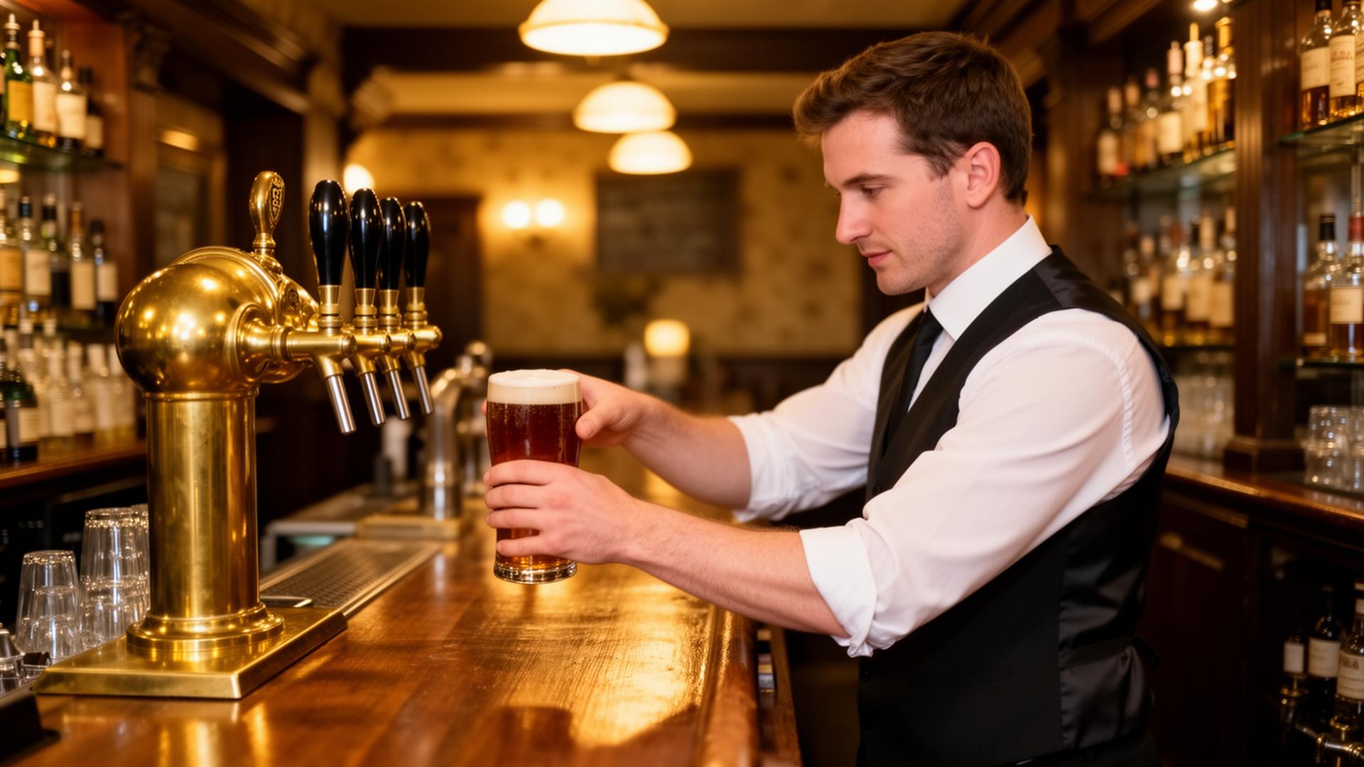 Bartender pulling a pint at a well-lit traditional pub bar