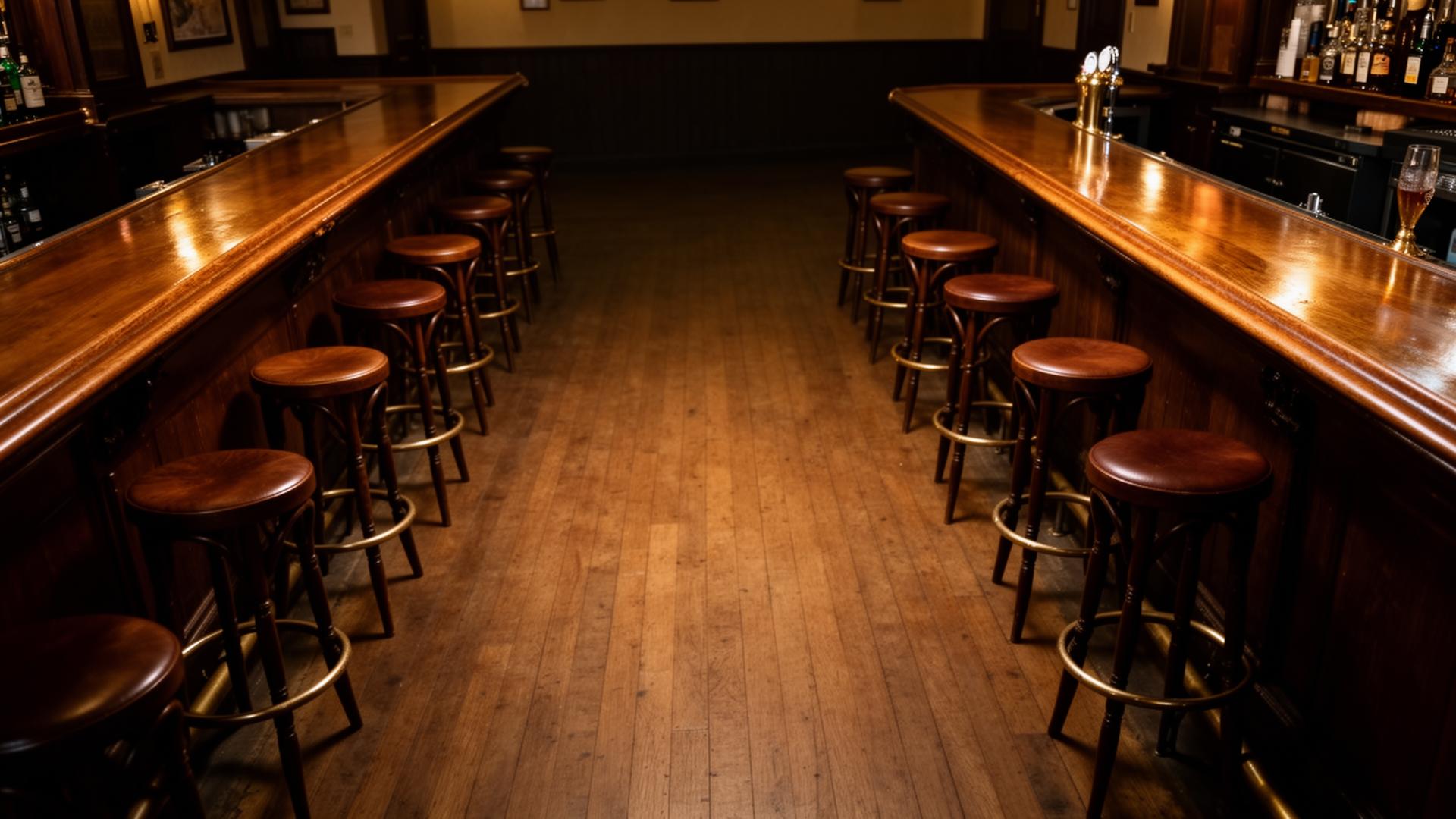 View of pub floor with wooden boards and bar stools, shallow depth of field