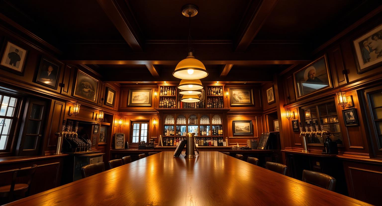Interior of a traditional British pub with oak bar and brass beer taps representing UK pub insurance cover
