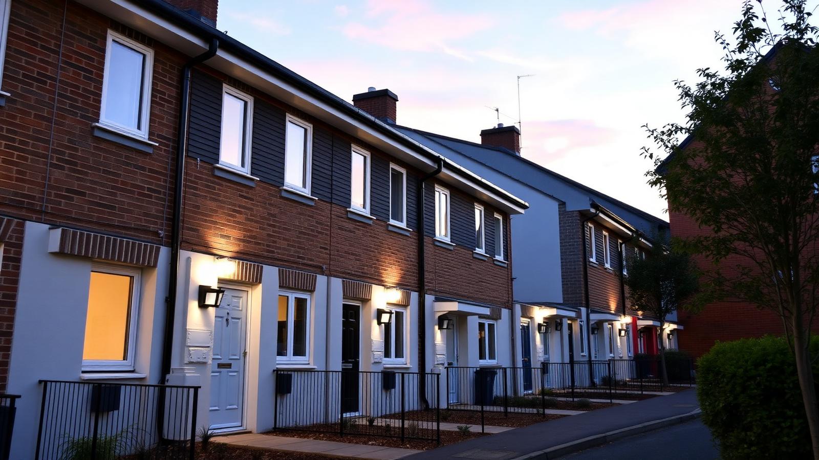 Modern UK terraced rental homes at dusk representing a landlord insurance switch