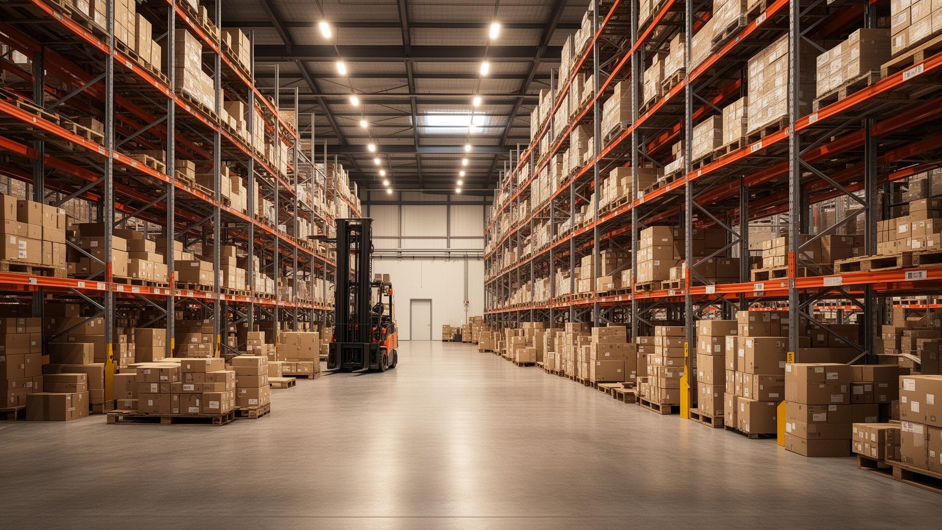 Modern warehouse interior with storage racks and logistics equipment