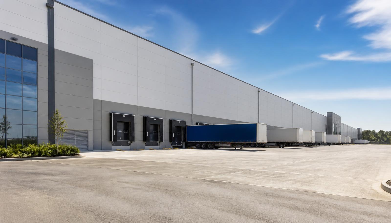 Modern UK distribution warehouse with loading bays and HGV trailers docked